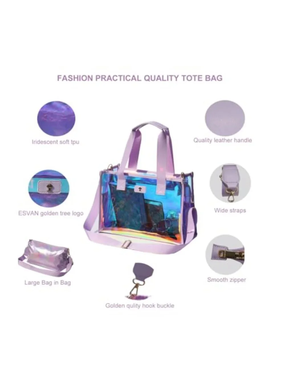 Clear Iridescent Tote Bag Stadium Approved with Pouch